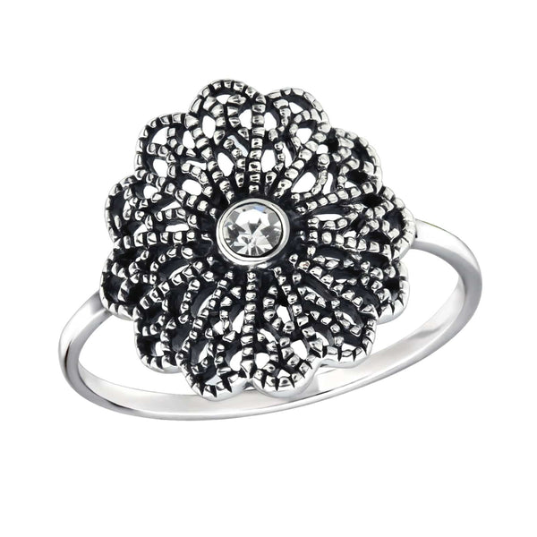 Silver Flower Crystal Ring