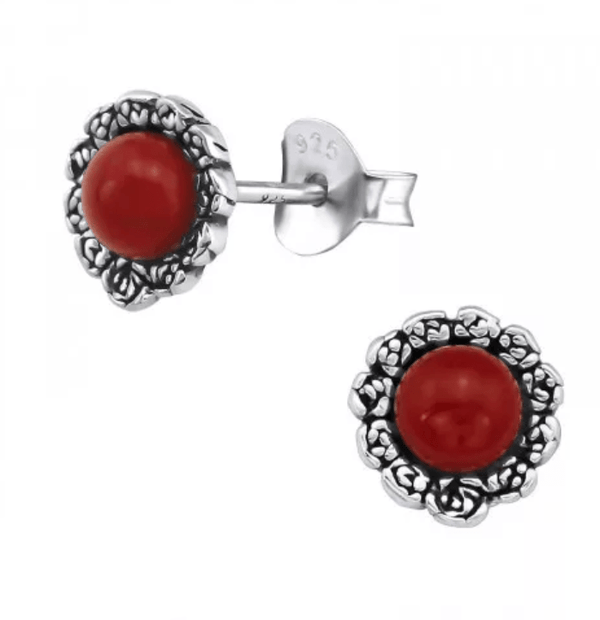 Silver Flower Earrings with Geniune Red Onyx Stone