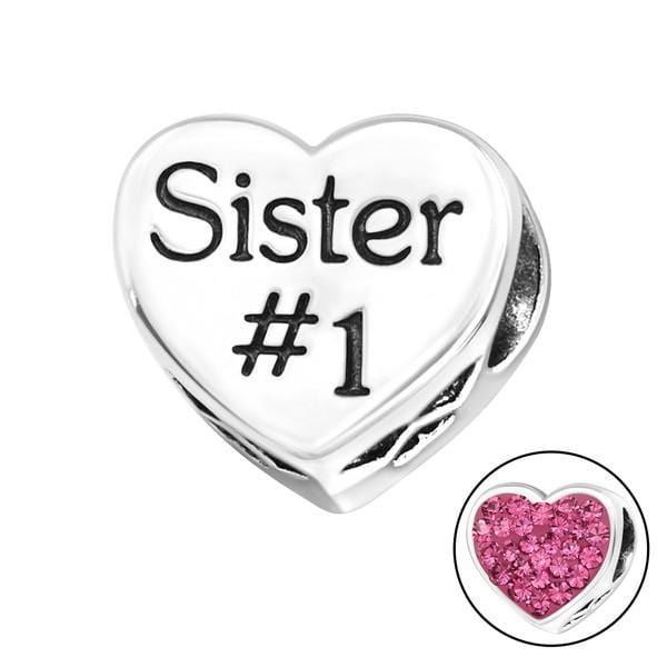 Silver Heart Sister Rose Charm Bead