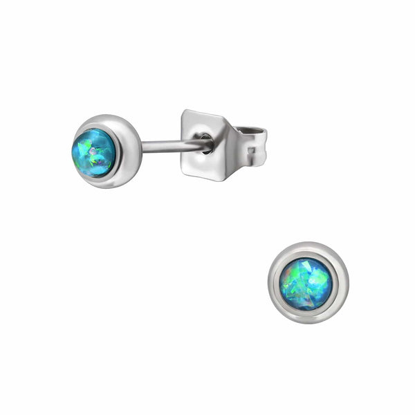Steel 5mm Round Ear Studs With Opal
