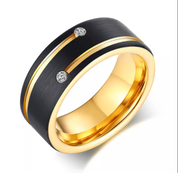 Personalised  Mens Gold and Black Tungsten Carbide Wedding Band