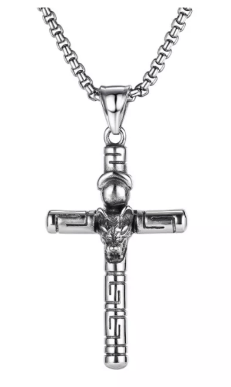 Steel Wolf Head Cross necklace