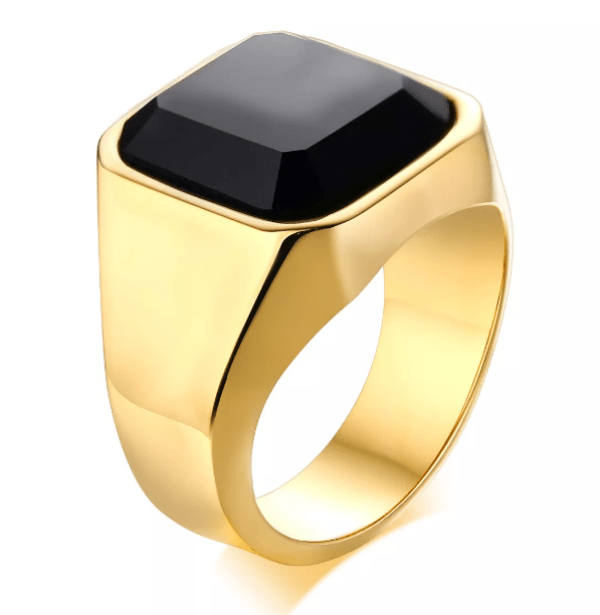 Mens Stainless Steel Gold Black Signet Ring
