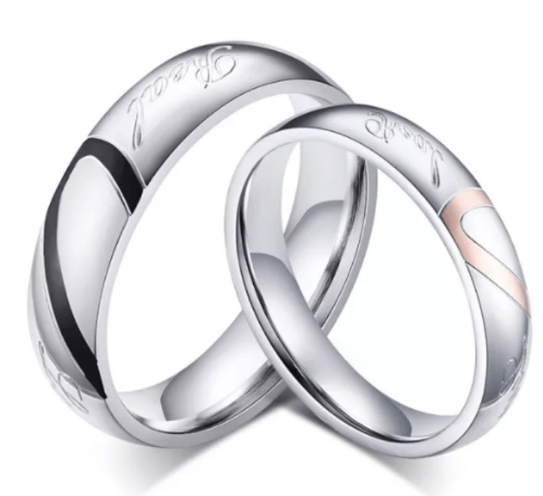 Steel Heart Match Wedding Engagement Ring for Couple