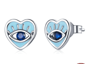 Silver Heart Devil Eye Earrings