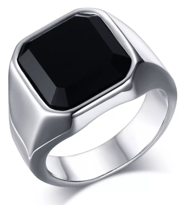 Mens Stainless Steel Silver Black Signet Ring