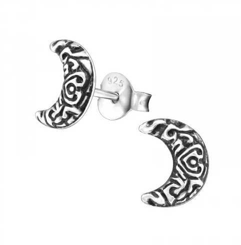 Silver Ethnic Crescent Moon Stud Earrings