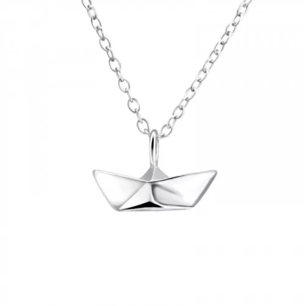 Silver 3D Origami Boat Pendant Necklace
