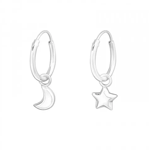 Silver Hoop Earrings with Hanging Moon and Star