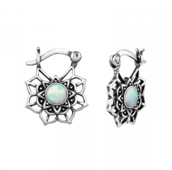 Silver Ethnic Bali Hoops with French Lock and Opal