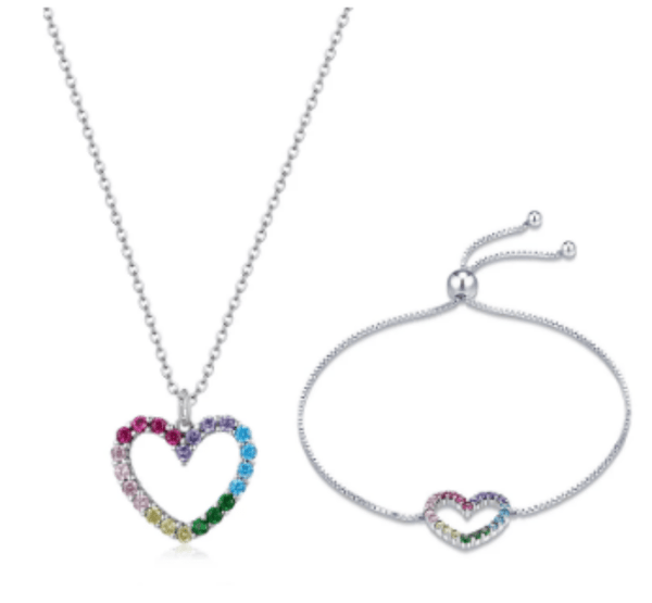 Silver Rainbow Heart & Bracelet Set
