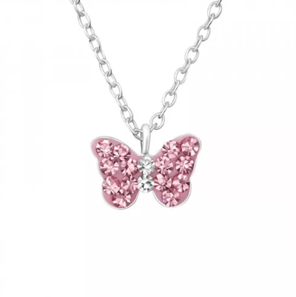 Kids Silver Pink Butterfly Pendant Necklace