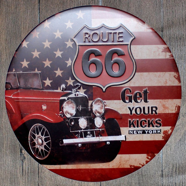 Route 66 Round Embossed Metal Tin Sign Poster