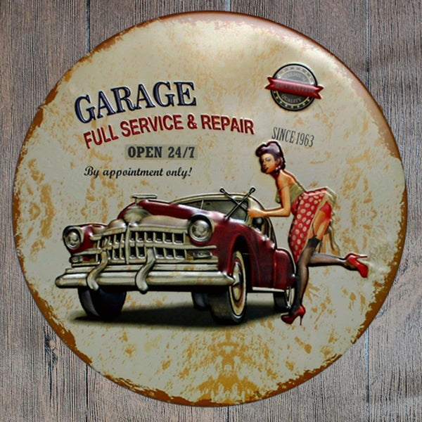 Garage Full Service & Repair Round Embossed Metal Tin Sign Poster