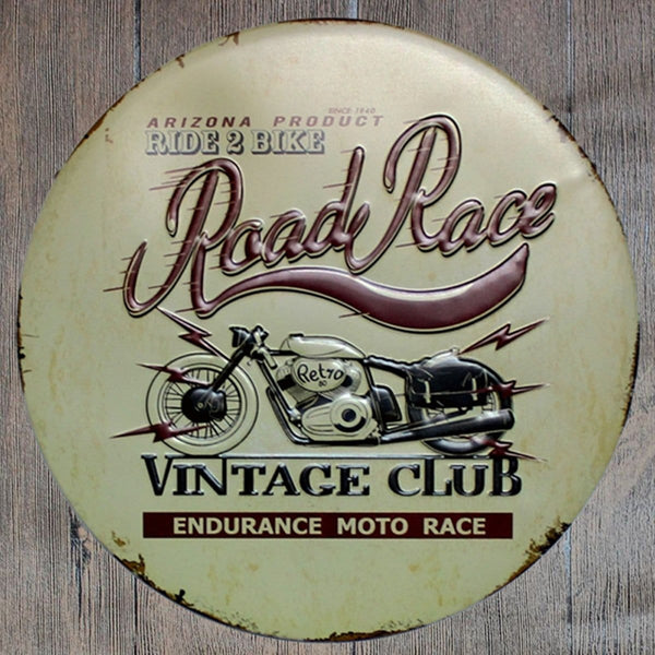 Road Race Round Embossed Metal Tin Sign Poster