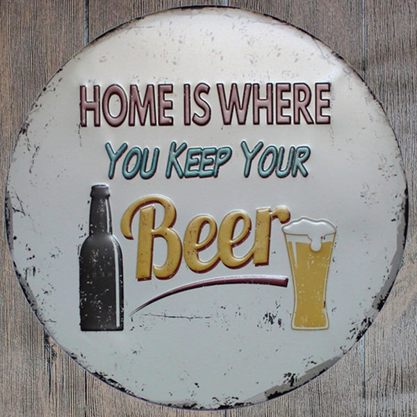 Home Is Where You Keep Your Beer Round Embossed Metal Tin Sign Poster