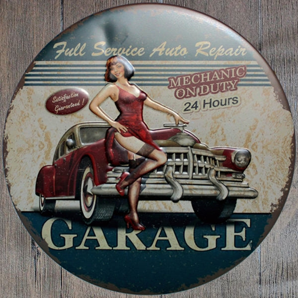 Garage Mechanic On Duty Round Embossed Metal Tin Sign Poster