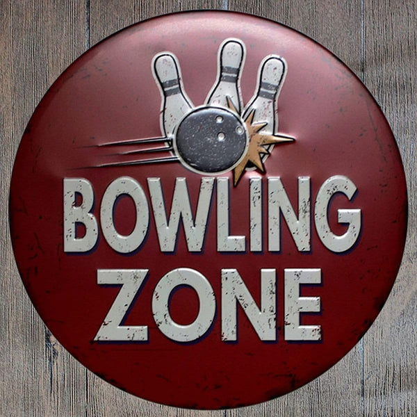Bowling Zone Round Embossed Metal Tin Sign Poster