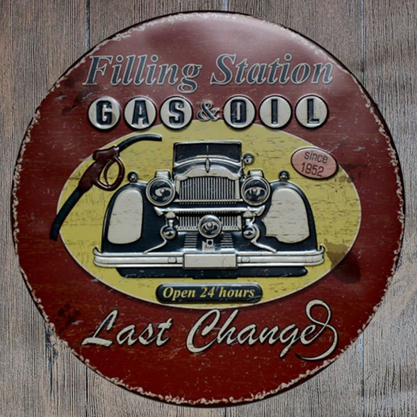 Filling Station Gas & Oil Round Embossed Metal Tin Sign Poster