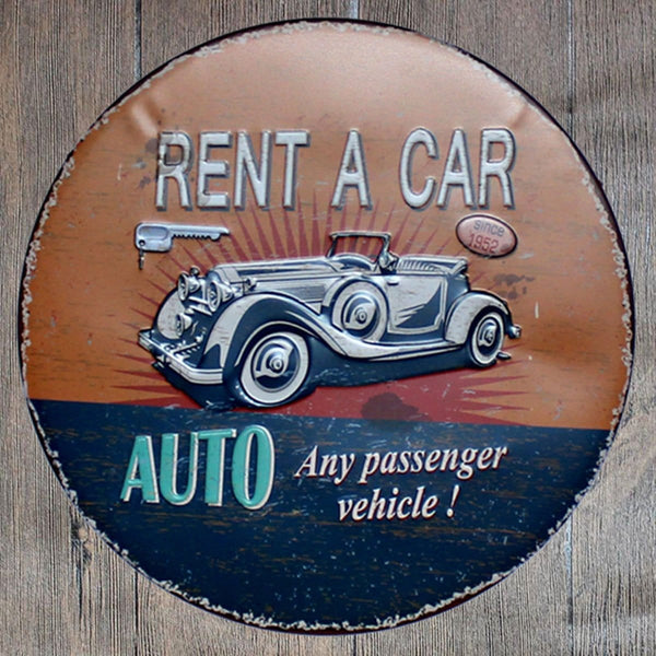 Rent A Car Round Embossed Metal Tin Sign Poster