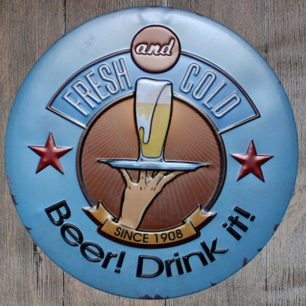 Fresh & Cold Beer Round Embossed Metal Tin Sign Poster