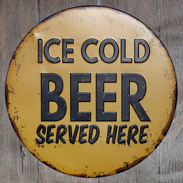 Ice Cold Beer Served Here Round Embossed Metal Tin Sign Poster