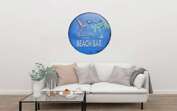 Welcome To Our Beach Bar Round Embossed Metal Tin Sign Poster
