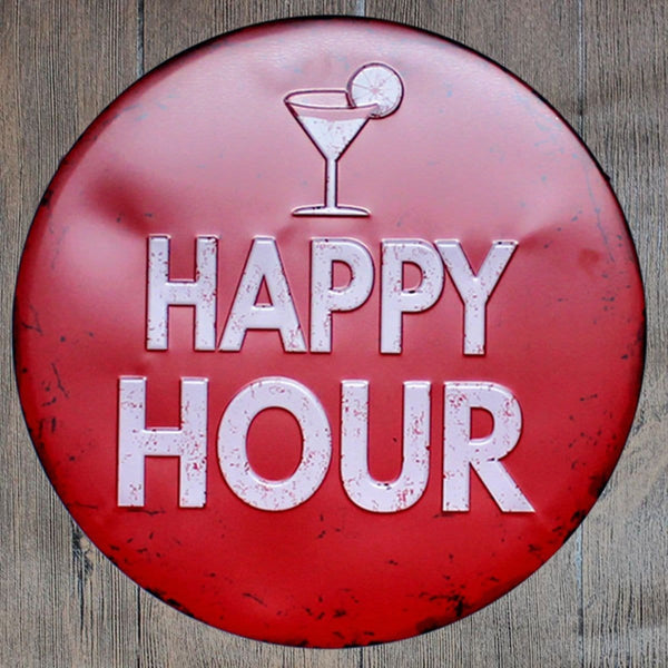 Happy Hour Round Embossed Metal Tin Sign Poster