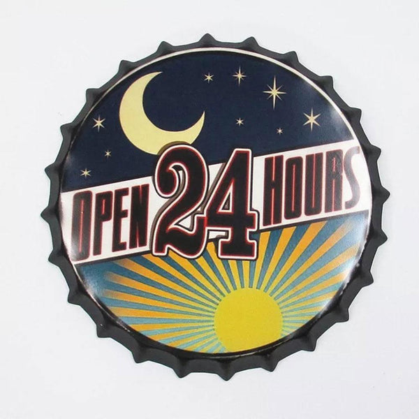 Open 24 hours Beer Cap Metal Tin Sign Poster