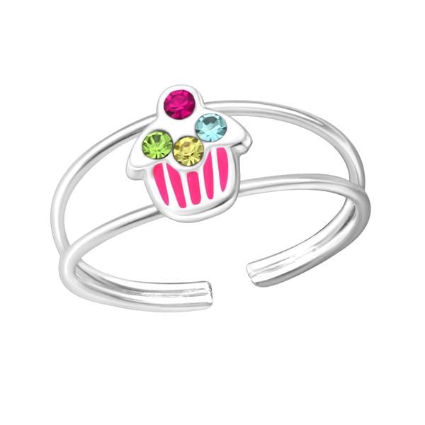 Children's Silver Cupcake Adjustable Ring with Crystal and Epoxy