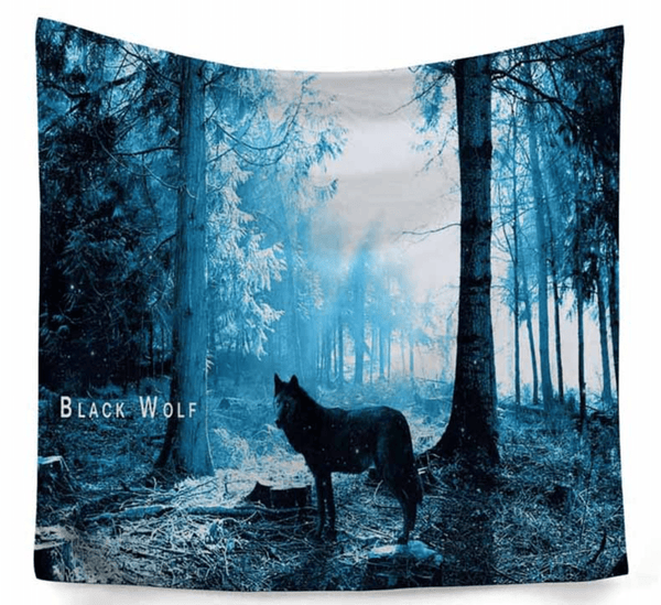 Black Wolf  in Forest  Wall Tapestry