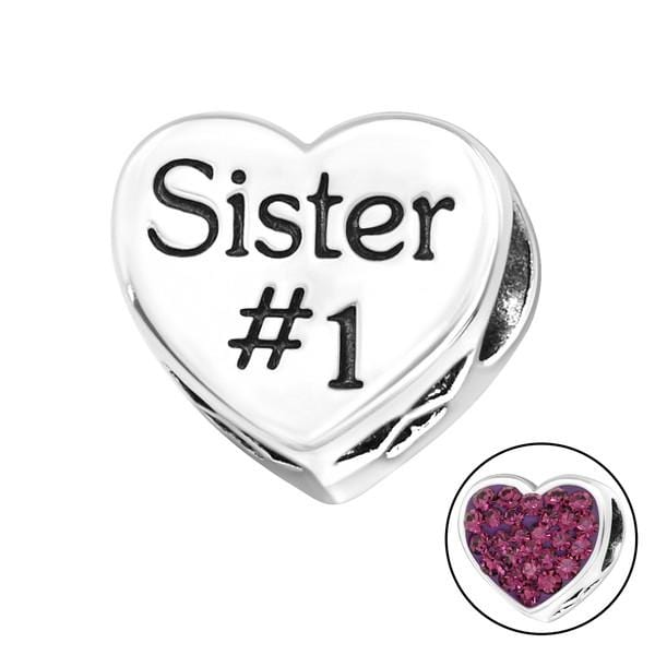 Silver Heart Sister Amethyst Charm Bead