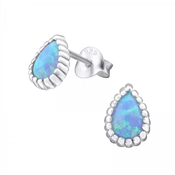 Silver Blue Opal Pear Stud Earrings