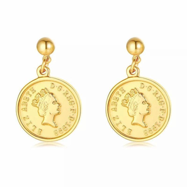 Stainless Steel Gold Coin Queen Earrings