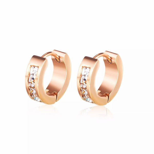 Steel Rose Gold CZ Hoop Huggie Earrings