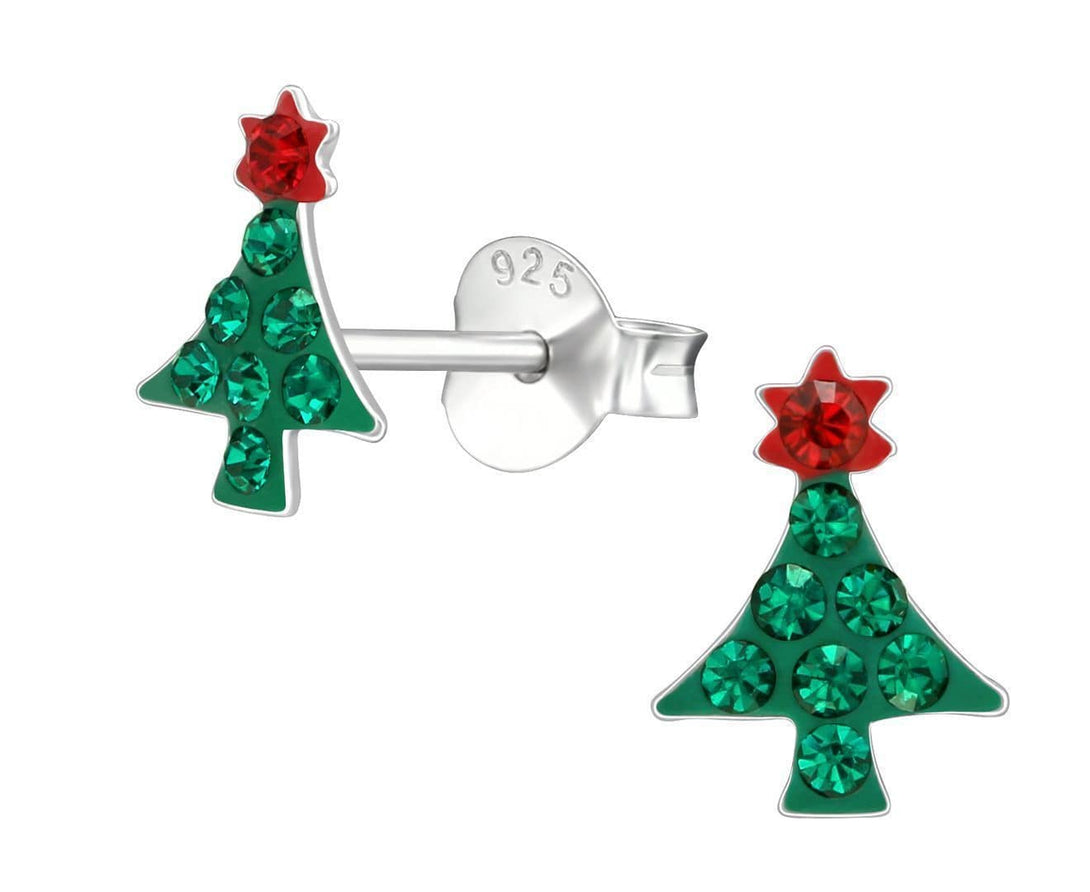 Silver Christmas Tree Ear Studs Made with Swarovski Crystals
