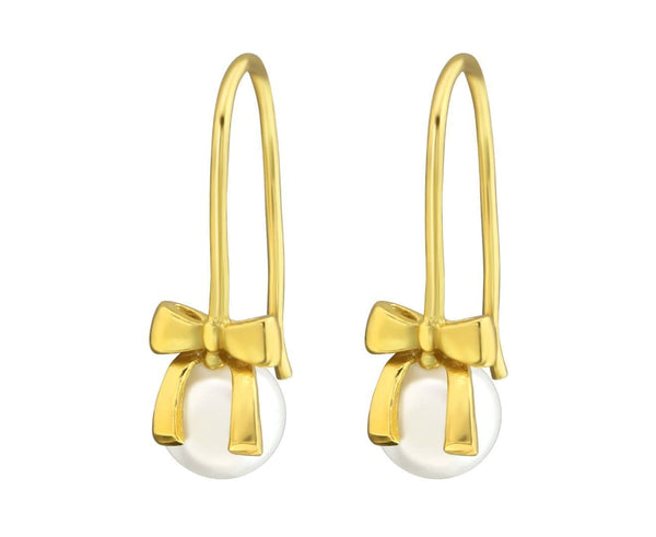 Gold plated Silver Hanging Bow Earrings with Pearl 
