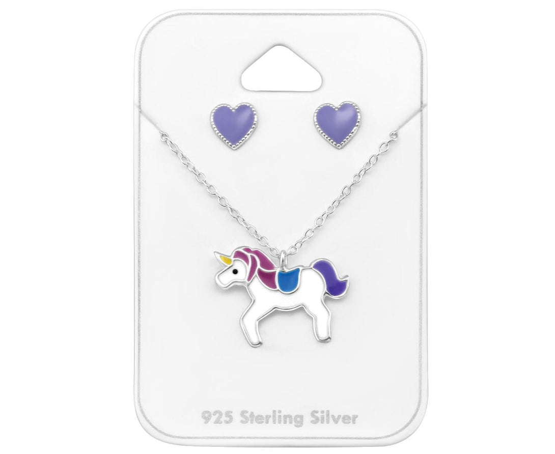 Silver Heart Earrings & Unicorn Neckalce Set for Girls