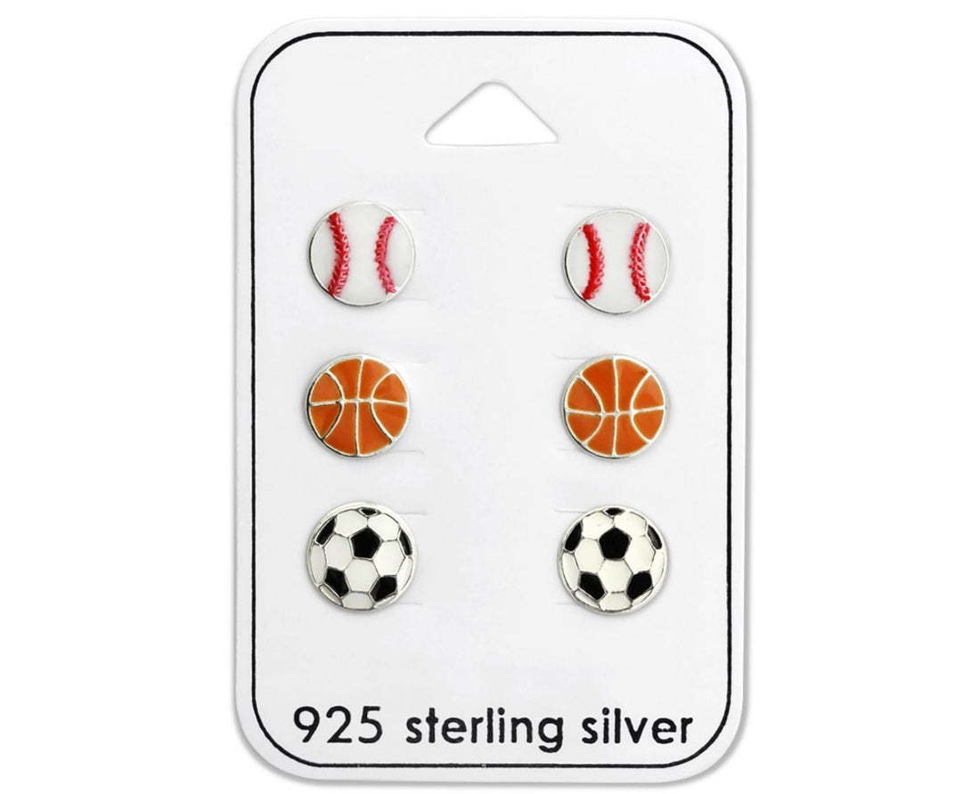 Kids Sterling Silver Football Soccer Earrings Set 