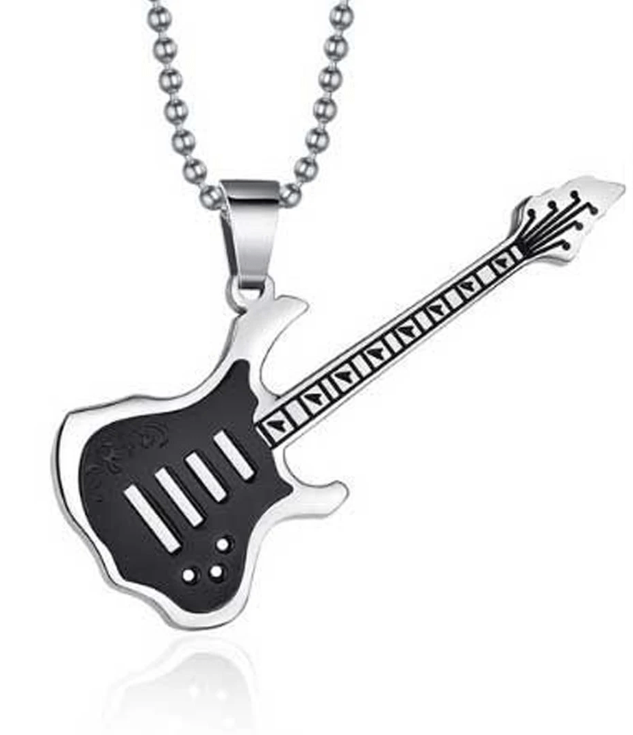 Stainless Steel Black Guitar Pendant Necklaces for Men