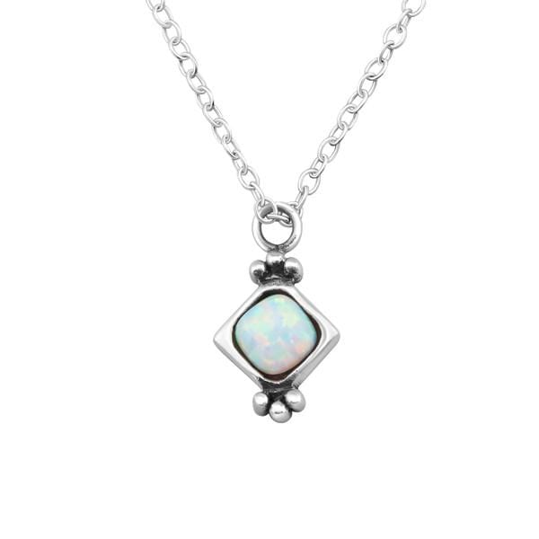 Silver Square Fire Snow  Opal Necklace 