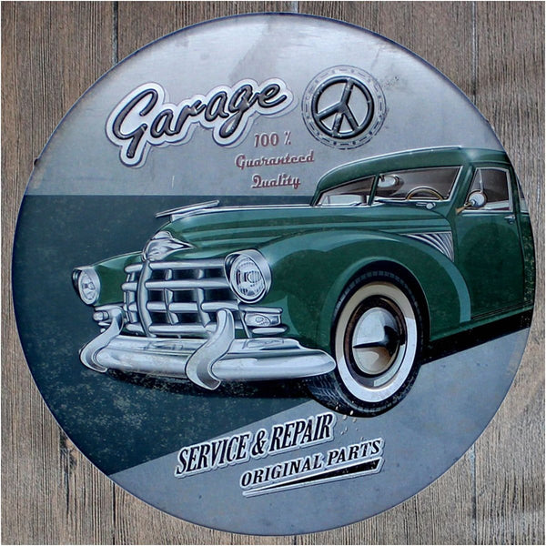 Garage Service & Repair Round Embossed Metal Tin Sign Poster