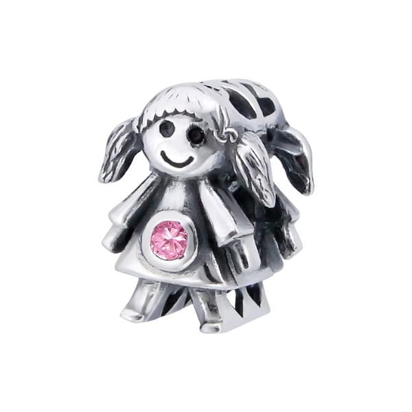 Silver Girl Doll CZ Pink Charm Bead