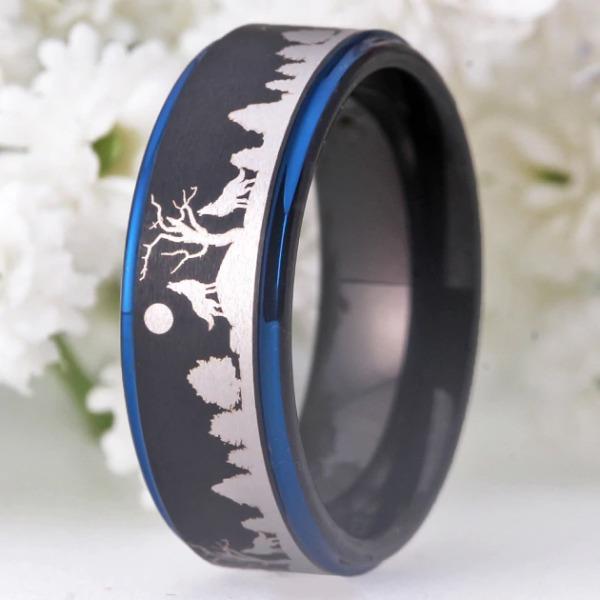 Tungsten Black with Blue Forest Wolves Ring