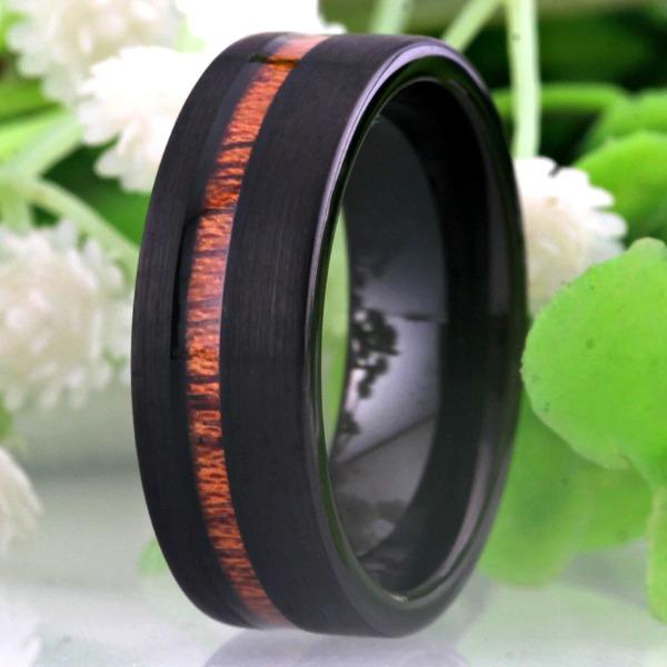 Black Tungsten Ring With Wood Inlay