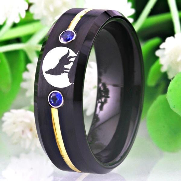 Blue Tungsten Bejewelled Wolf Ring