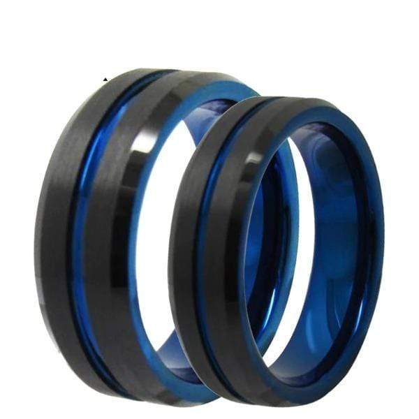 Tungsten Electric Blue and Black Couple Wedding Engagement Ring