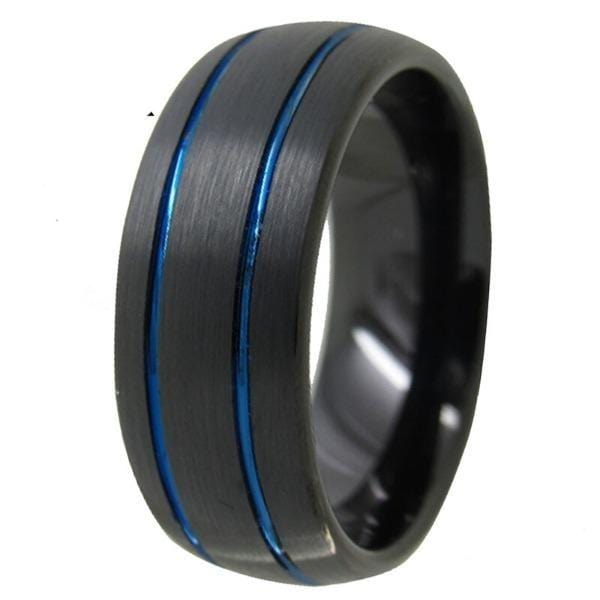 Tungsten Black and Blue Grooved Wedding Ring