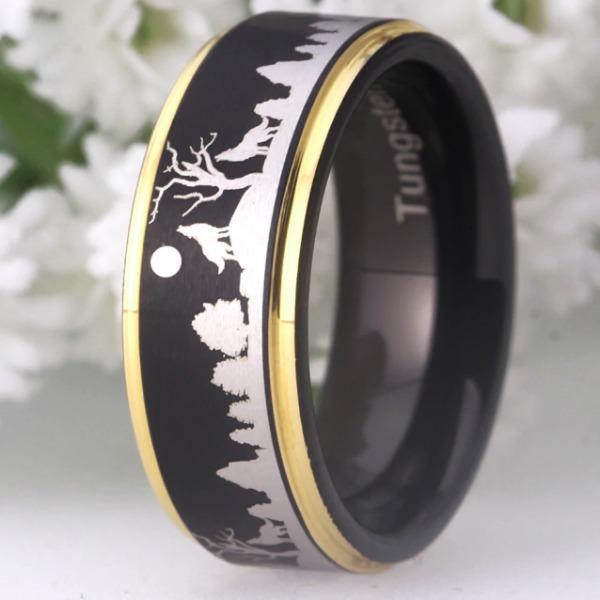 Tungsten Black Golden Forest Wolves Ring