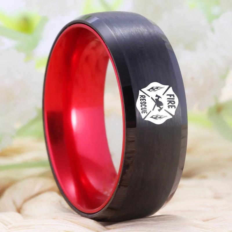 Red and Black Tungsten Fire Rescue Ring